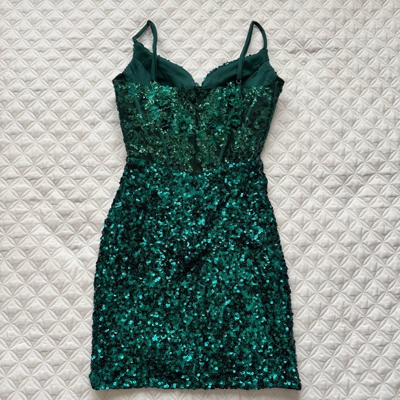 STACEES Dark Green Floral Sheer Corset Sequin Mini Spaghetti Strap Dress Sz 2 - Picture 13 of 16